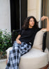 Women summer pajama set Black T-shirt + Black X White Glen Plaid Pants